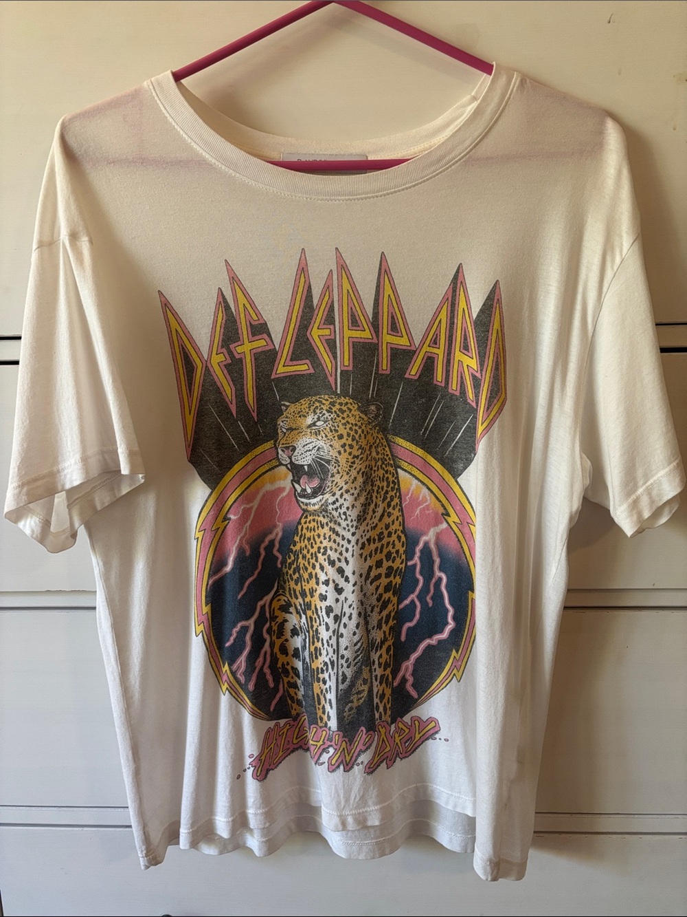 Daydreamer White Def Leppard Graphic Tee with Pink and Yellow Accents